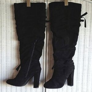 Womens Boot Shoe 6.5 Black Faux Suede Knee High 4" Heel Side Zip Round Toe Comfy